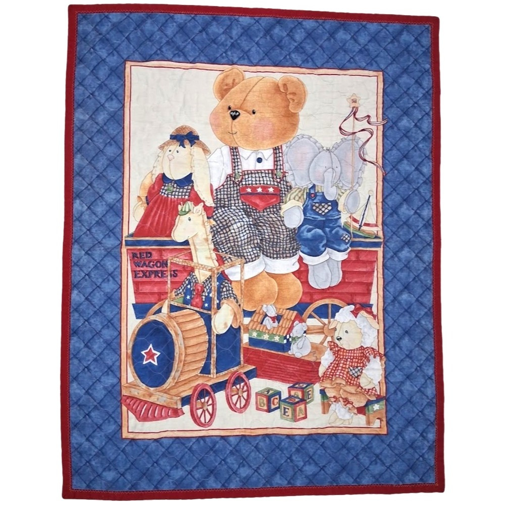 Vtg Handmade Daisy Kingdom Bear Toys Baby Crib Blanket Quilt Unisex Nursery